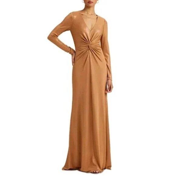 NWT Ralph Lauren Bronze Gold Women's V neck Twist Front Long sleeve Gown SZ 8 - Picture 5 of 7